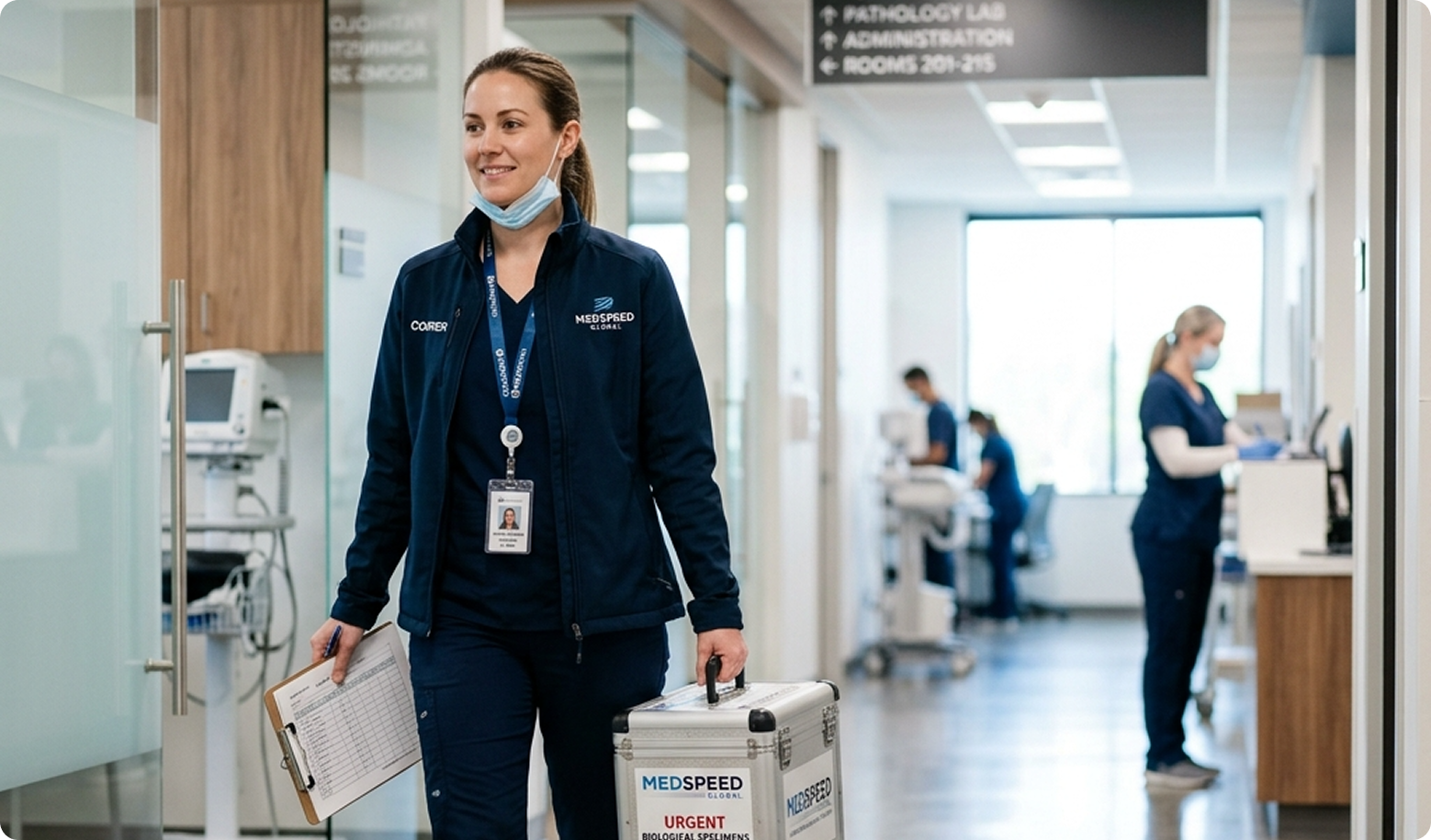 Healthcare medical courier walking through hospital hallway